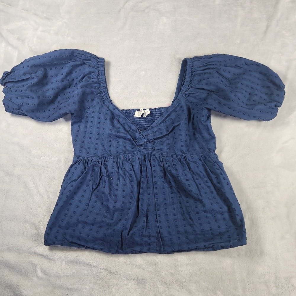 Vineyard Vines Navy Eyelet Blouse XS Sweatheart Neck Puff Sleeve Pendulum Preppy